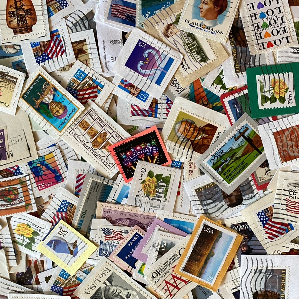 200+ USA Postage Stamps on paper for collecting or crafting